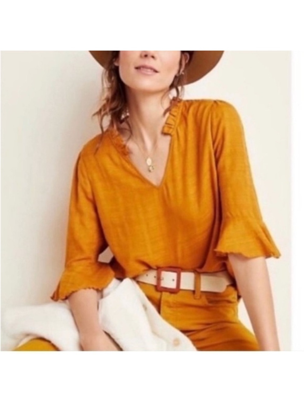 dolan Mustard V-Neck Ruffle Sleeve Top size XS